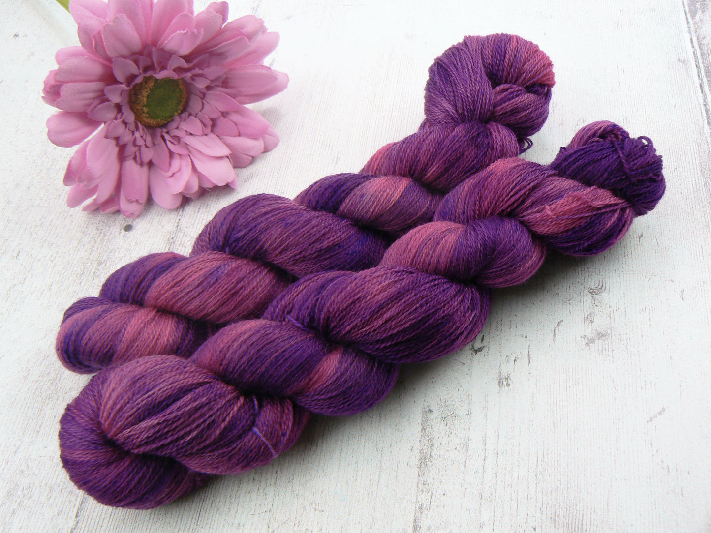 NEW COLOURWAY: Pink and Purple Pansy, Merino Silk Cobweb Lace (50:50)