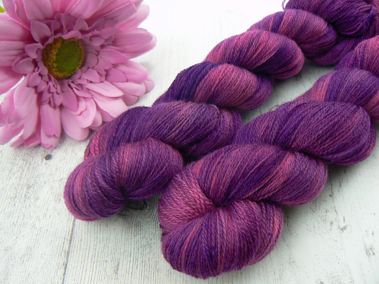 NEW COLOURWAY: Pink and Purple Pansy, Merino Silk Cobweb Lace (50:50)