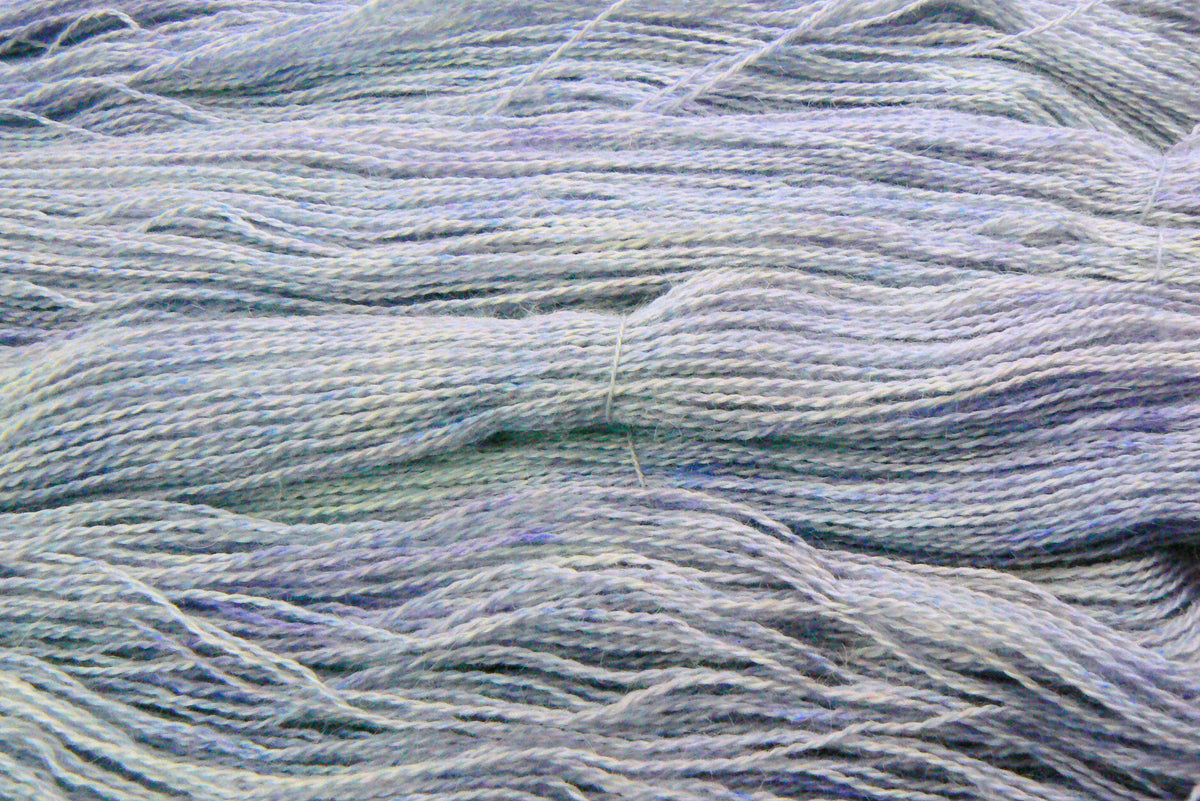 Close-up of softy yarn strands in a pale lavender colour with subtle blue undertones.