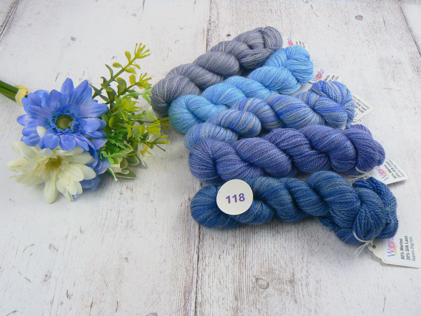 Merino Silk Laceweight Mini-skeins in Blues and Greys