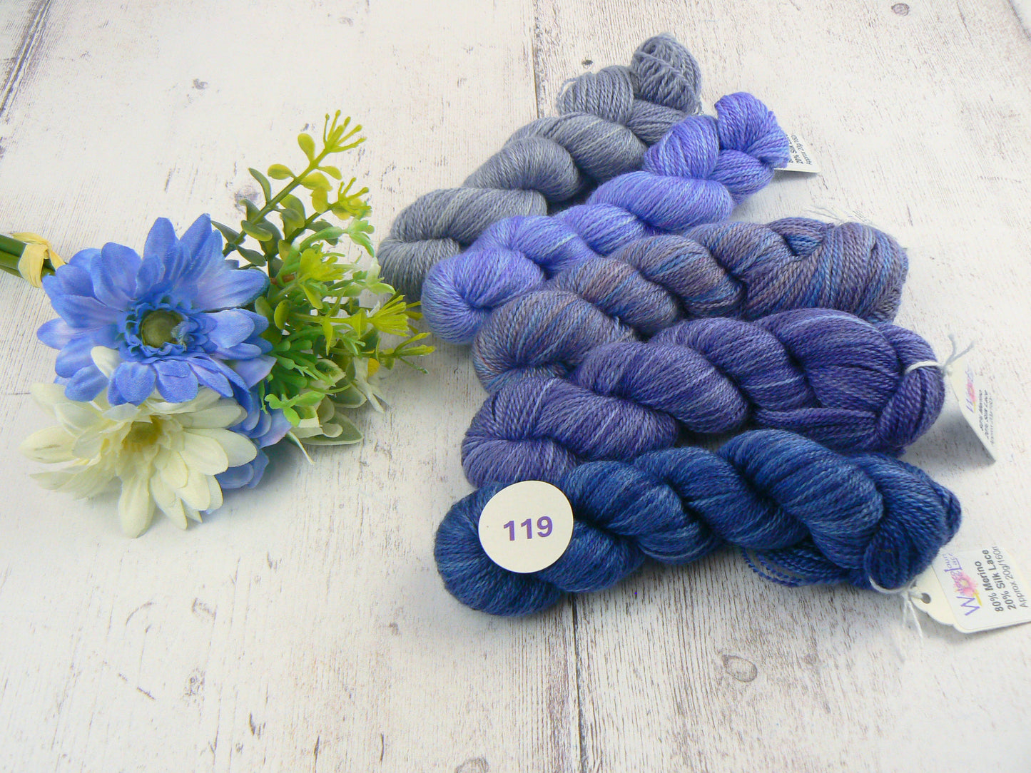 Merino Silk Laceweight Mini-skeins in Blues and Greys